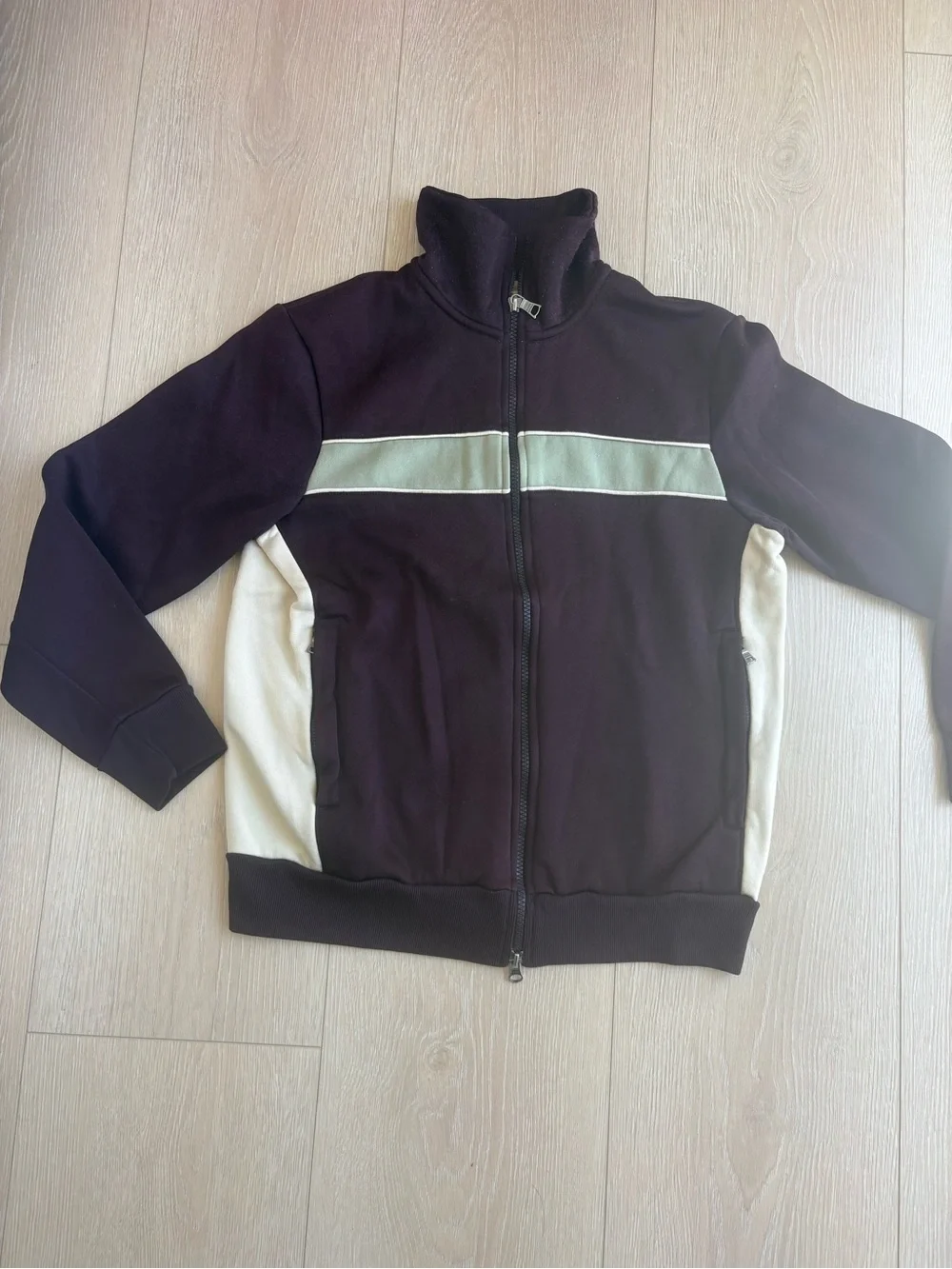 Banana Republic Black Zip-Up Sweater with Cream Panels and Sage Stripe